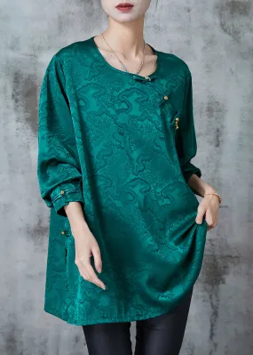 Green Peacock Print Silk Tops with Chinese Button for Summer