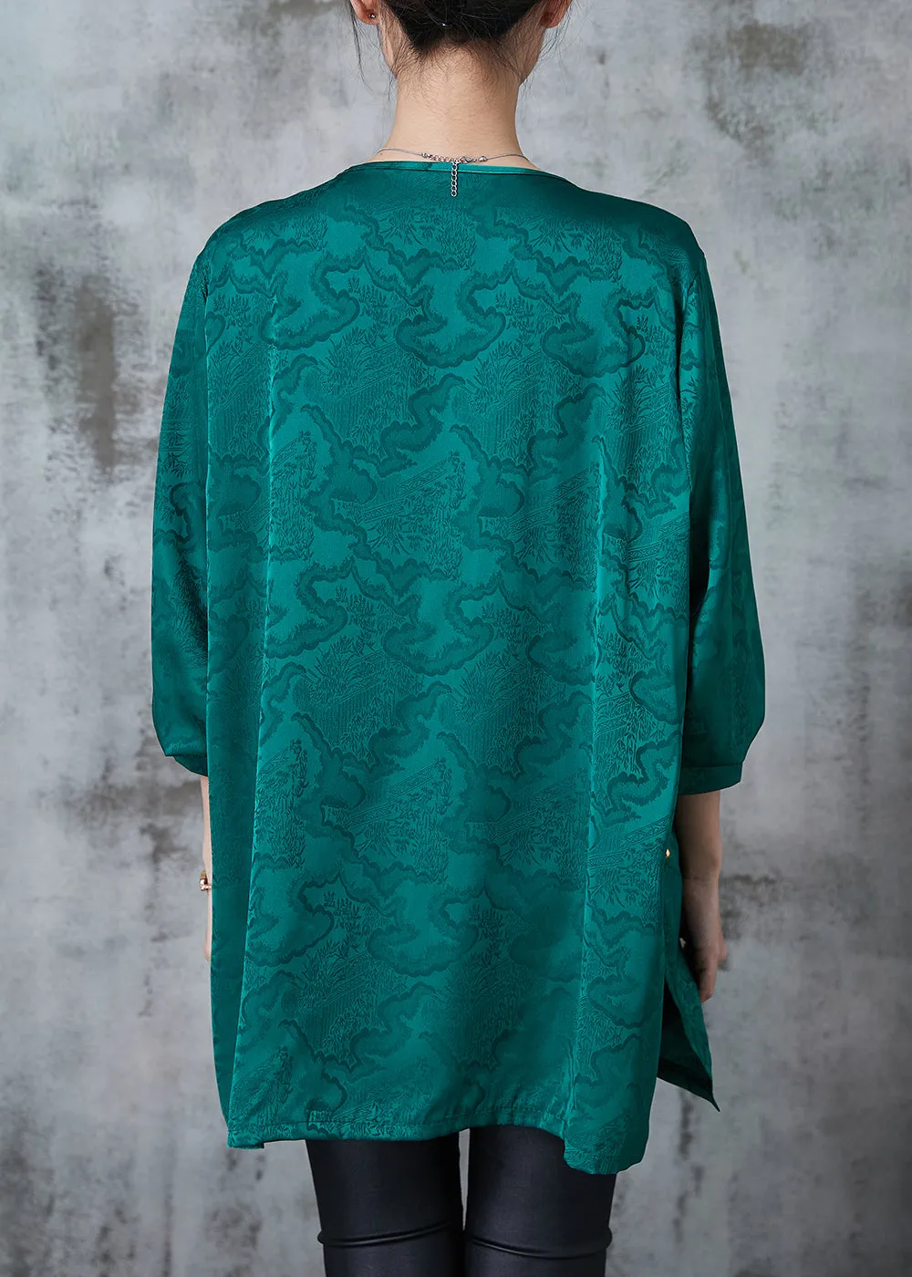 Green Peacock Print Silk Tops with Chinese Button for Summer