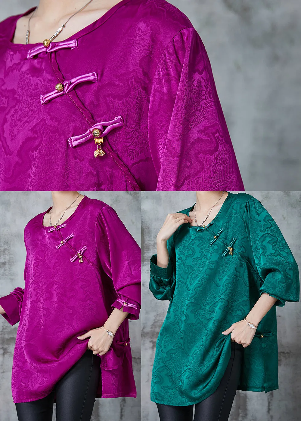 Green Peacock Print Silk Tops with Chinese Button for Summer