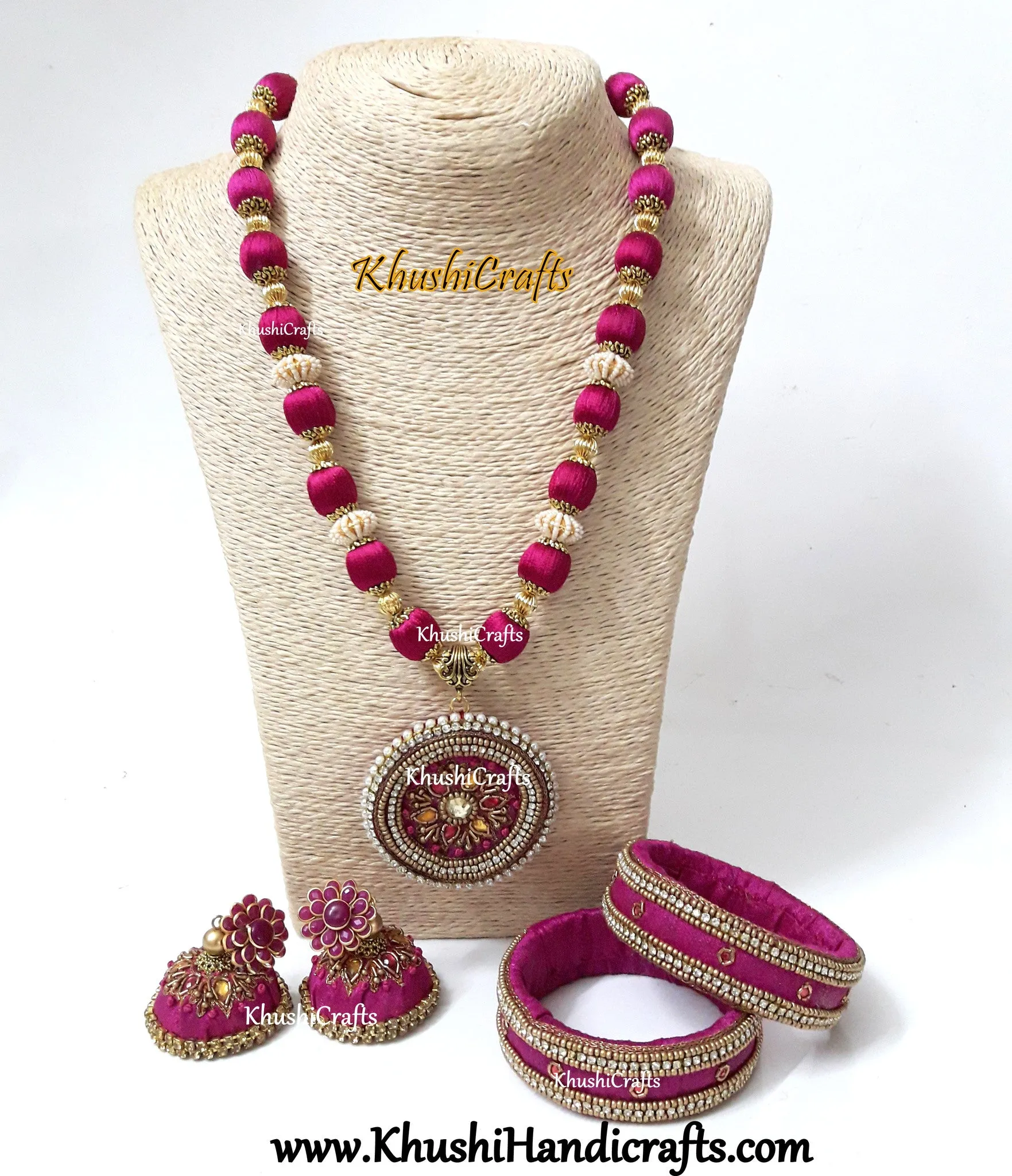 Pink Raw silk Necklace Set with Hand Embroidery Variation 1