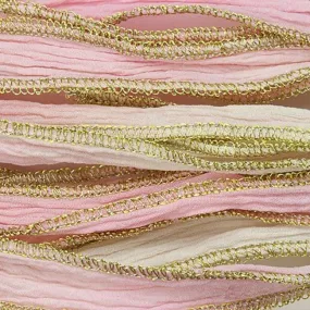 20mm Wide Hand-Dyed Pink/Cream Blend Silk Ribbon with Metallic Gold Edges (32-36 Inches)