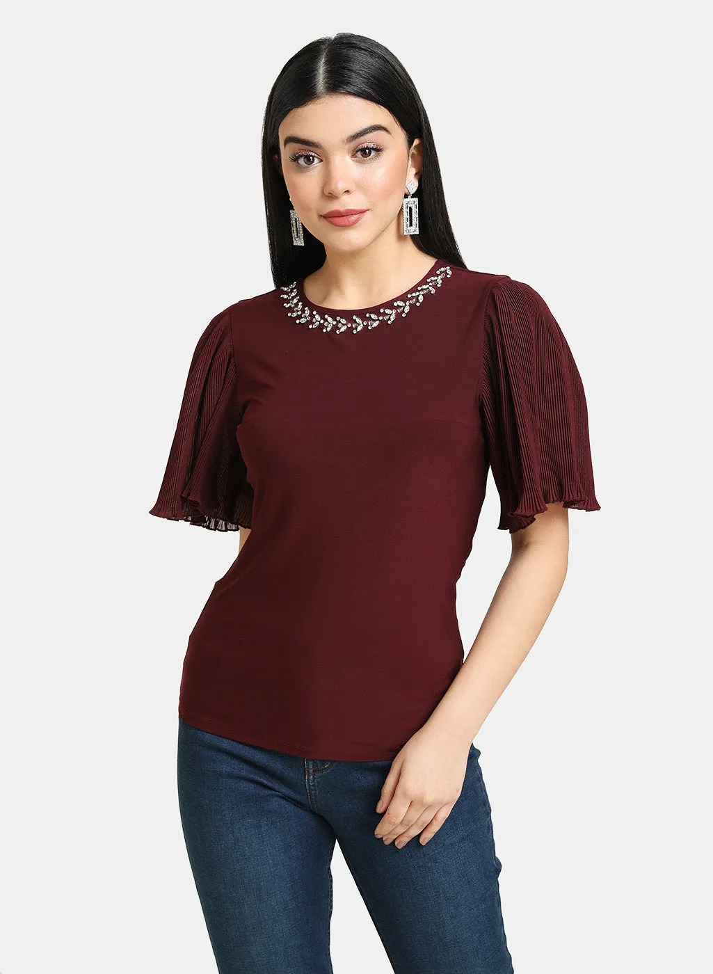 Pleated Top with Embellished Neckline