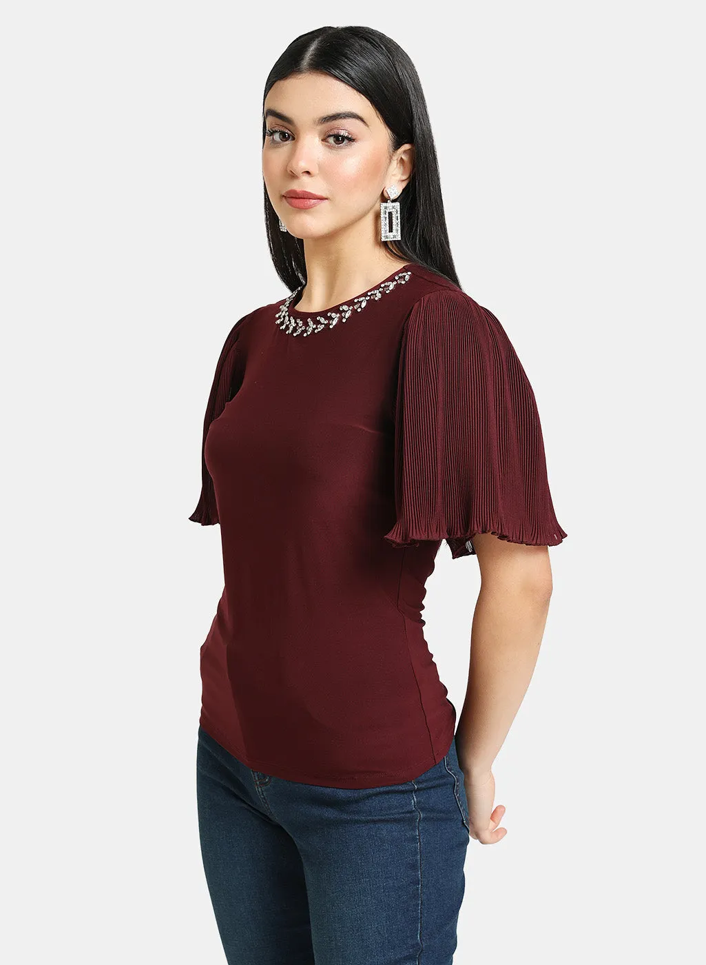 Pleated Top with Embellished Neckline