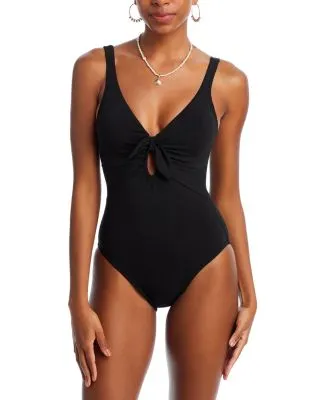 Plunge Neck Tie-Front One Piece Swimsuit