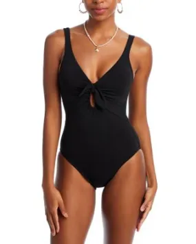 Plunge Neck Tie-Front One Piece Swimsuit