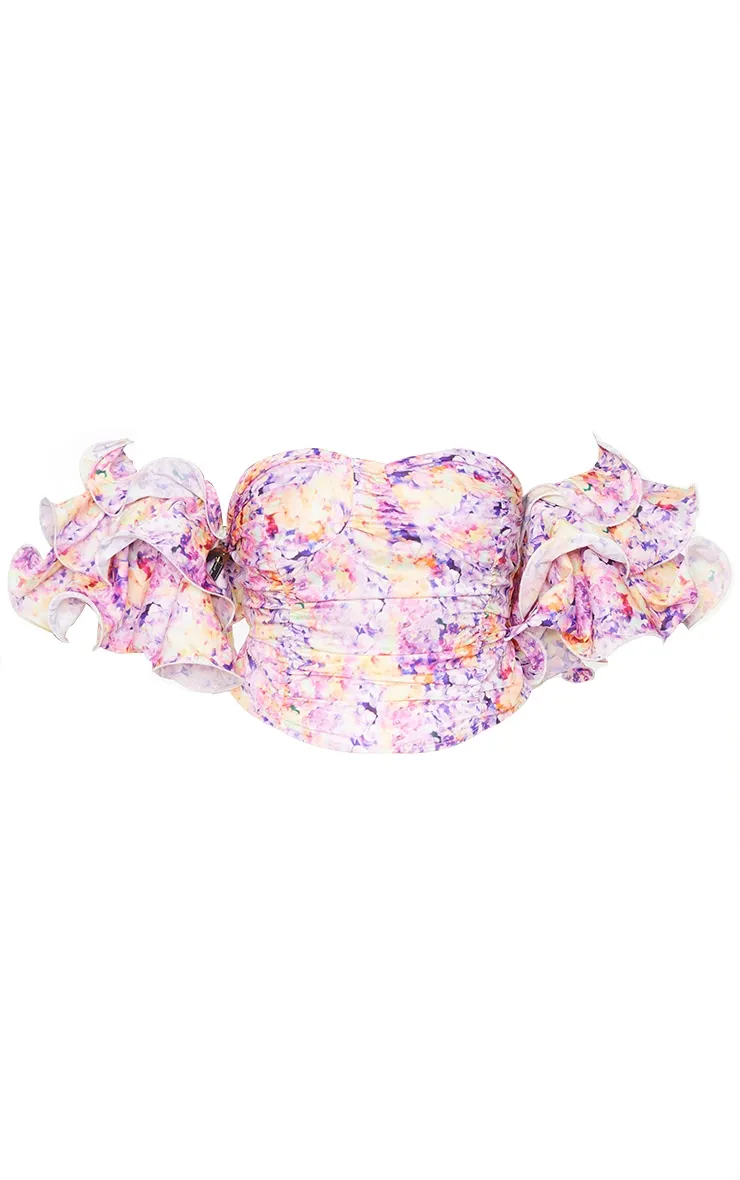 Plus Lilac Floral Puff Sleeve Bardot Crop Top