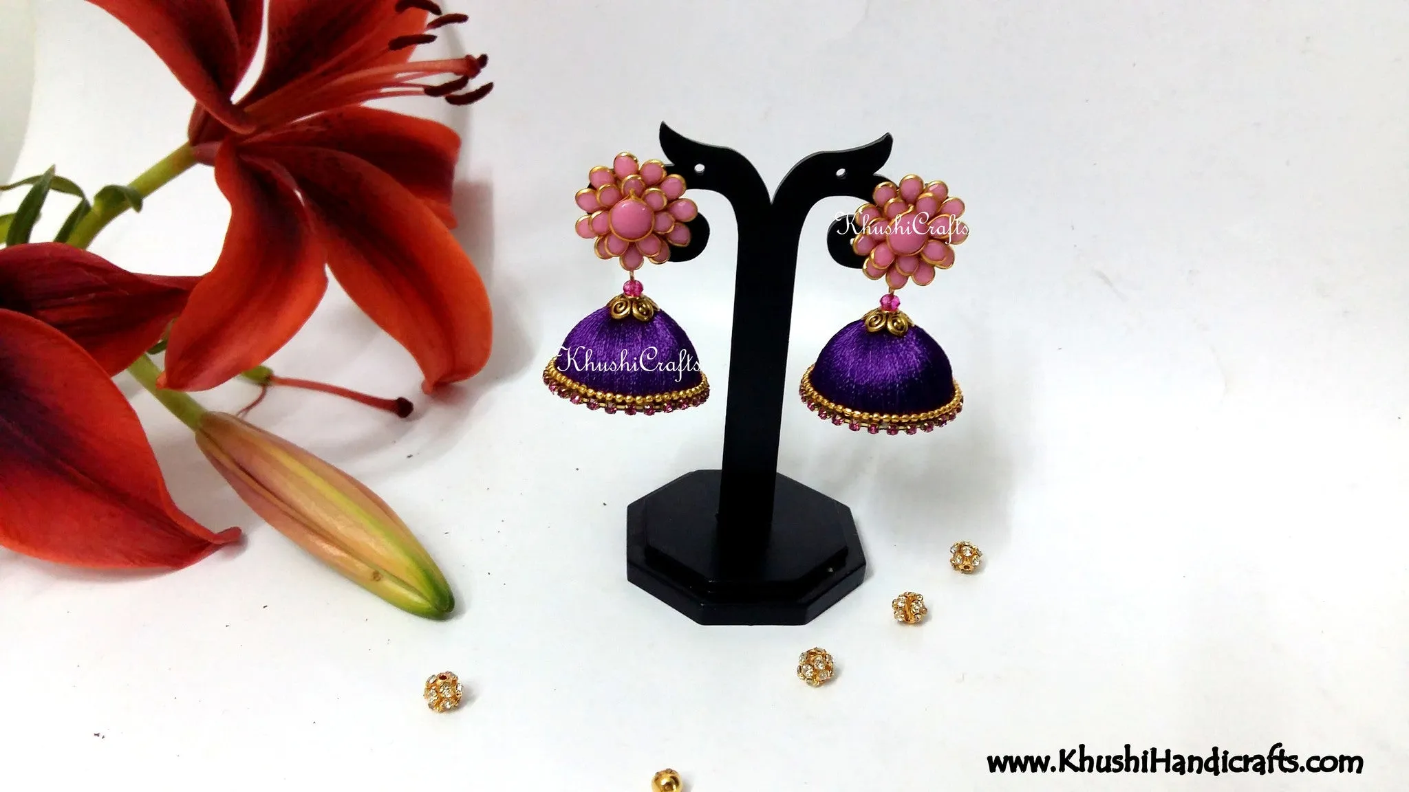 Purple Silk Jhumka With Pink Pacchi Stud