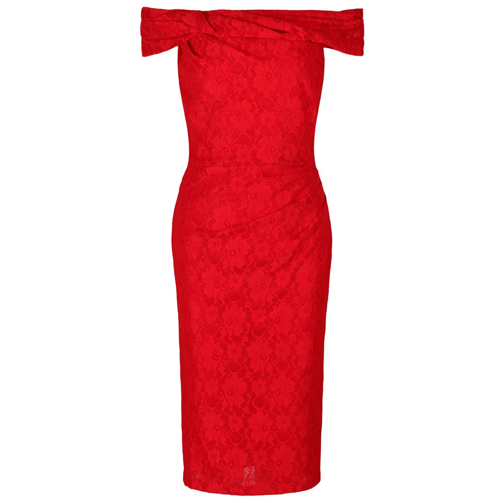 Red Lace Bardot Pencil Dress