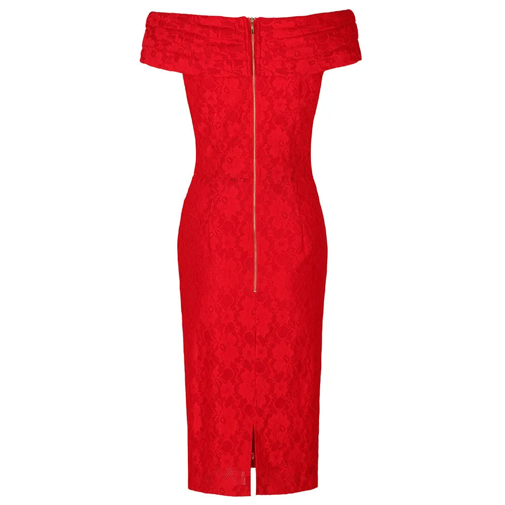 Red Lace Bardot Pencil Dress