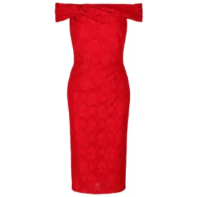 Red Lace Bardot Pencil Dress