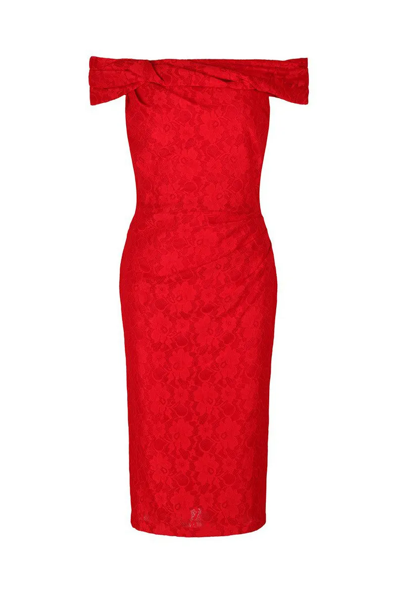 Red Lace Bardot Pencil Dress