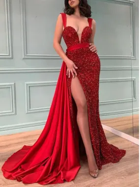 Red V-neck Mermaid Prom Dress with Side Slit, OL753