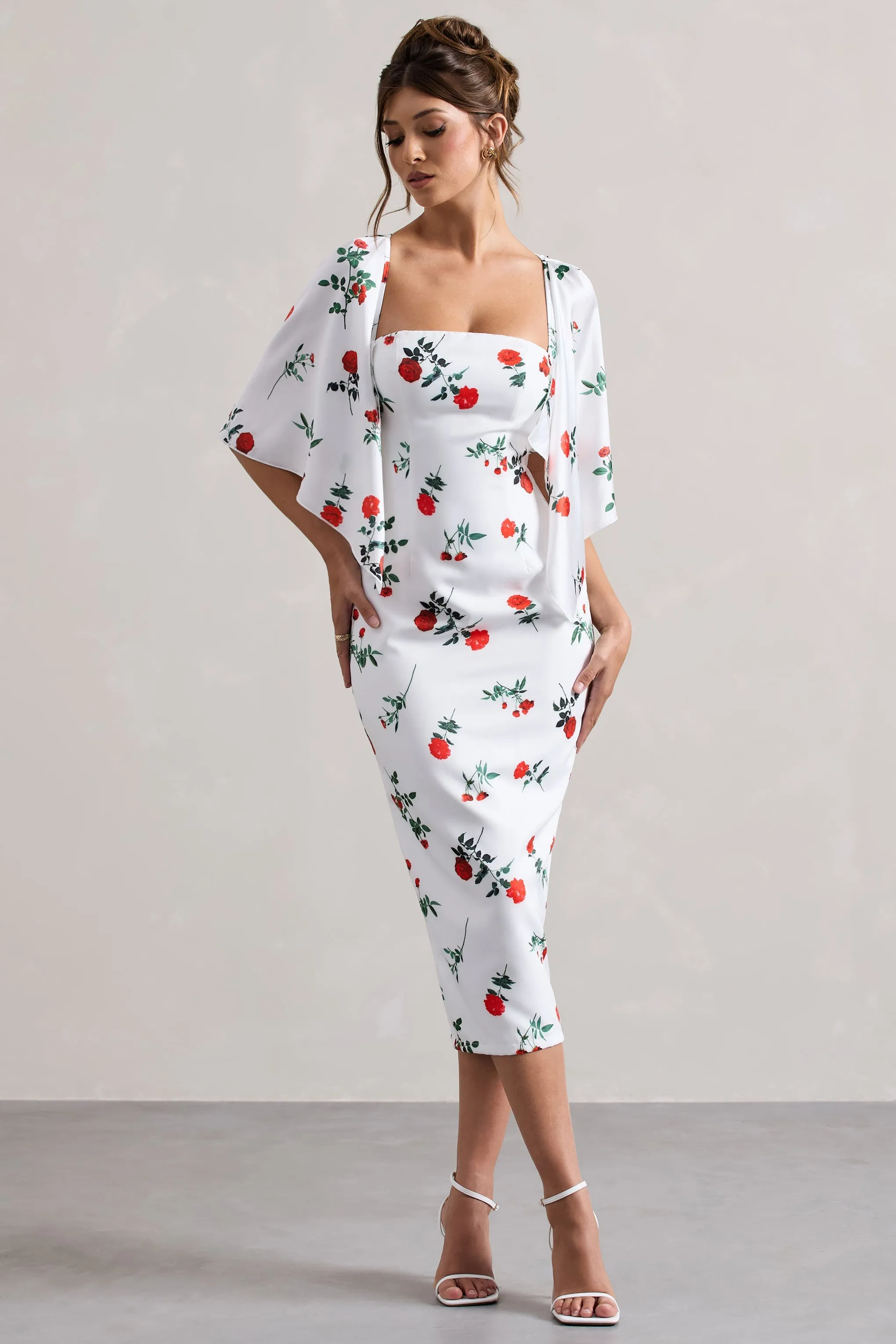 Rose Print Cape Sleeve Midi Dress