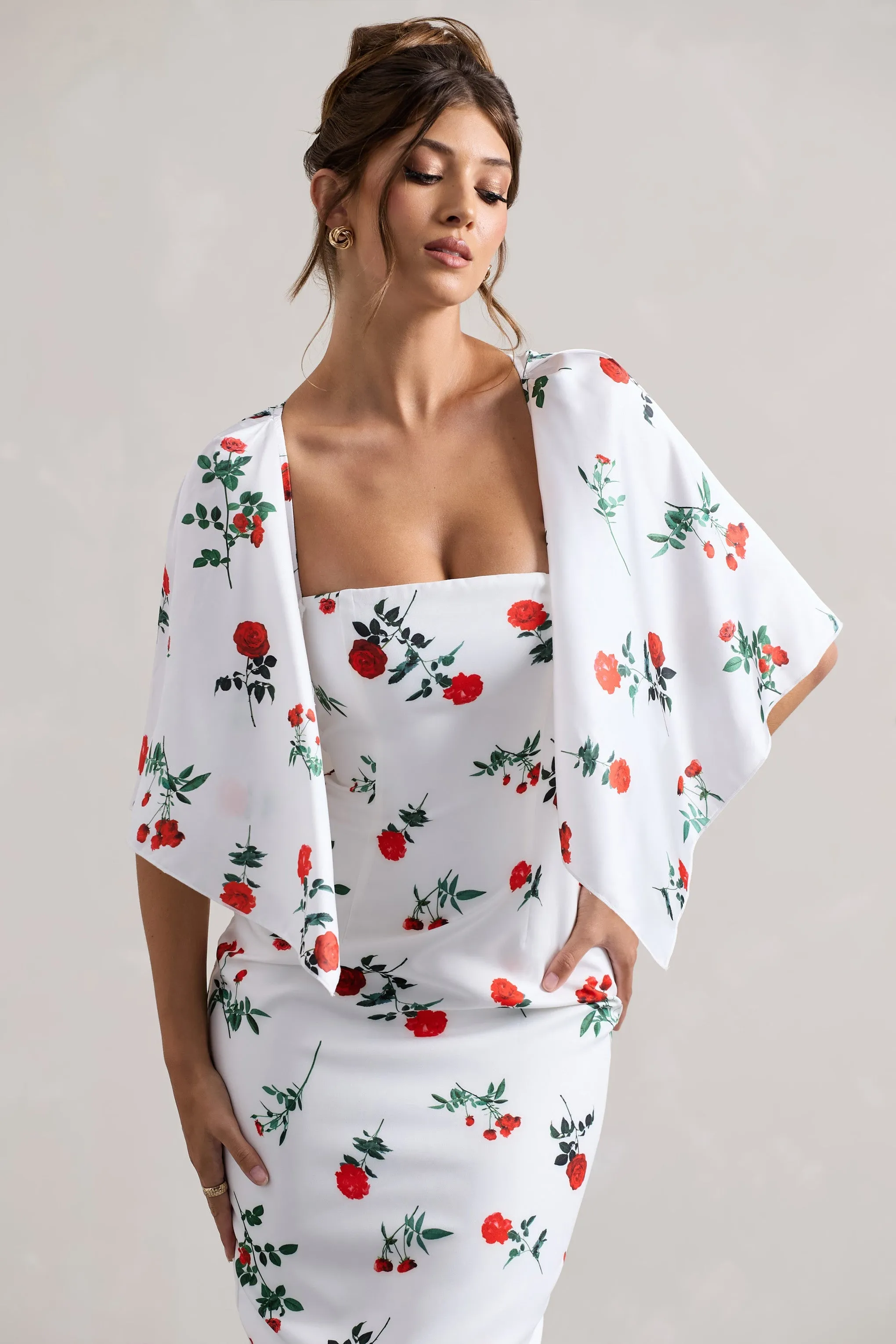 Rose Print Cape Sleeve Midi Dress