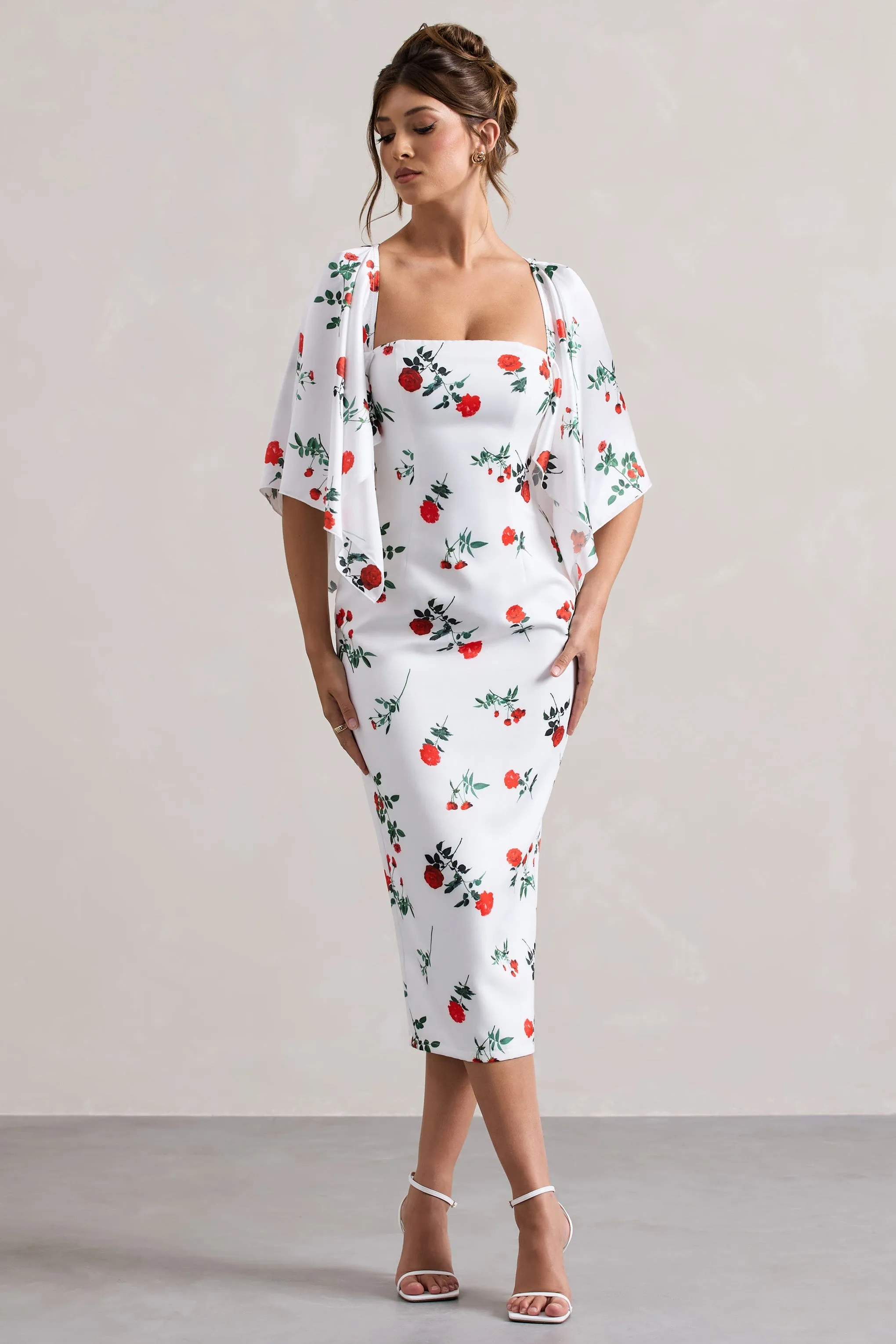 Rose Print Cape Sleeve Midi Dress