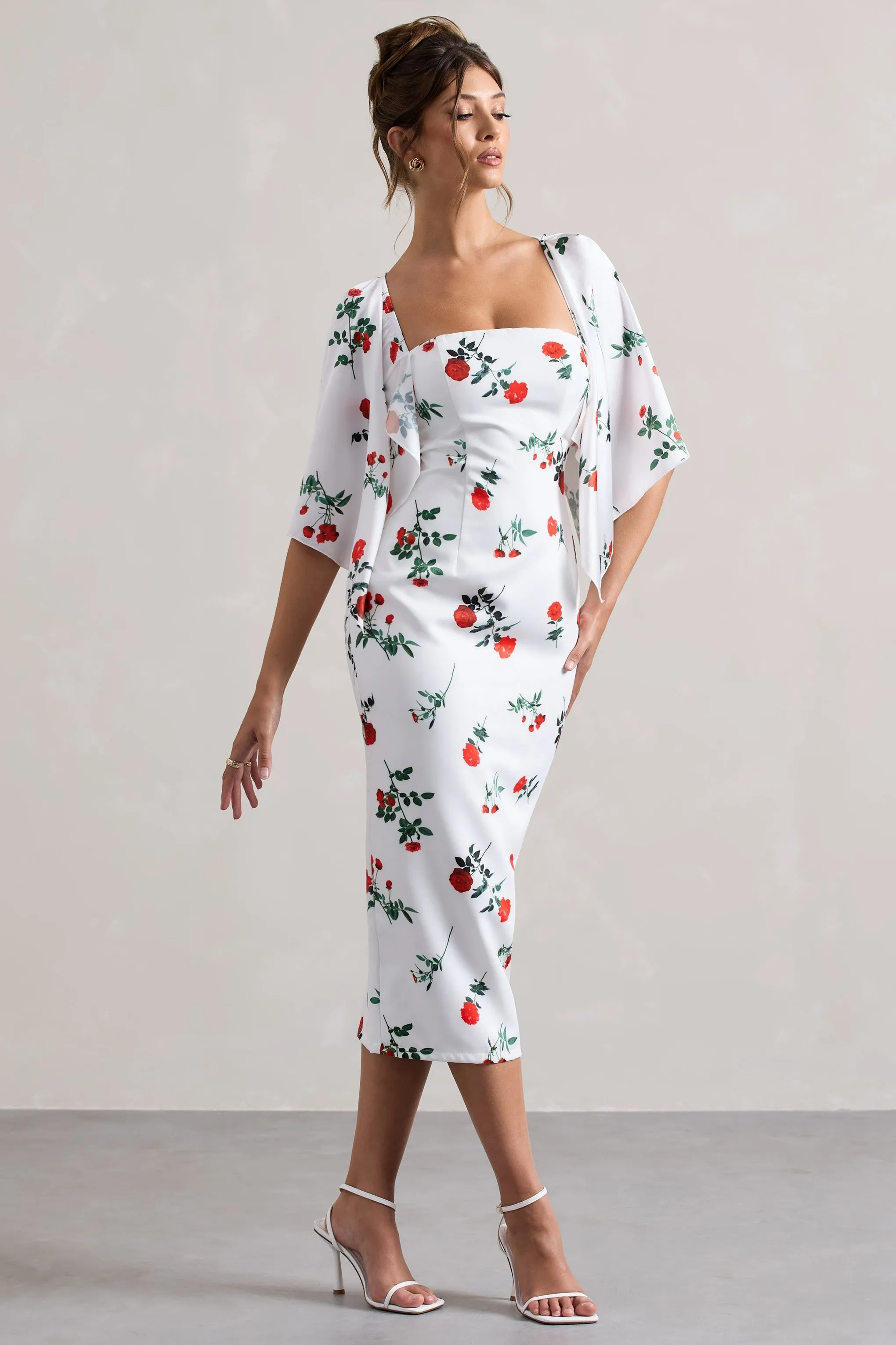 Rose Print Cape Sleeve Midi Dress