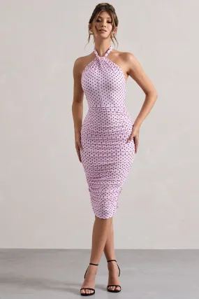 Pink Polka Dot Halter Neck Ruched Midi Dress