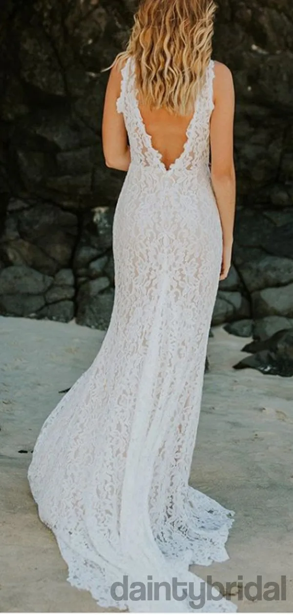 DB10258 Sexy V-neck Lace V-Back Slit Wedding Dresses