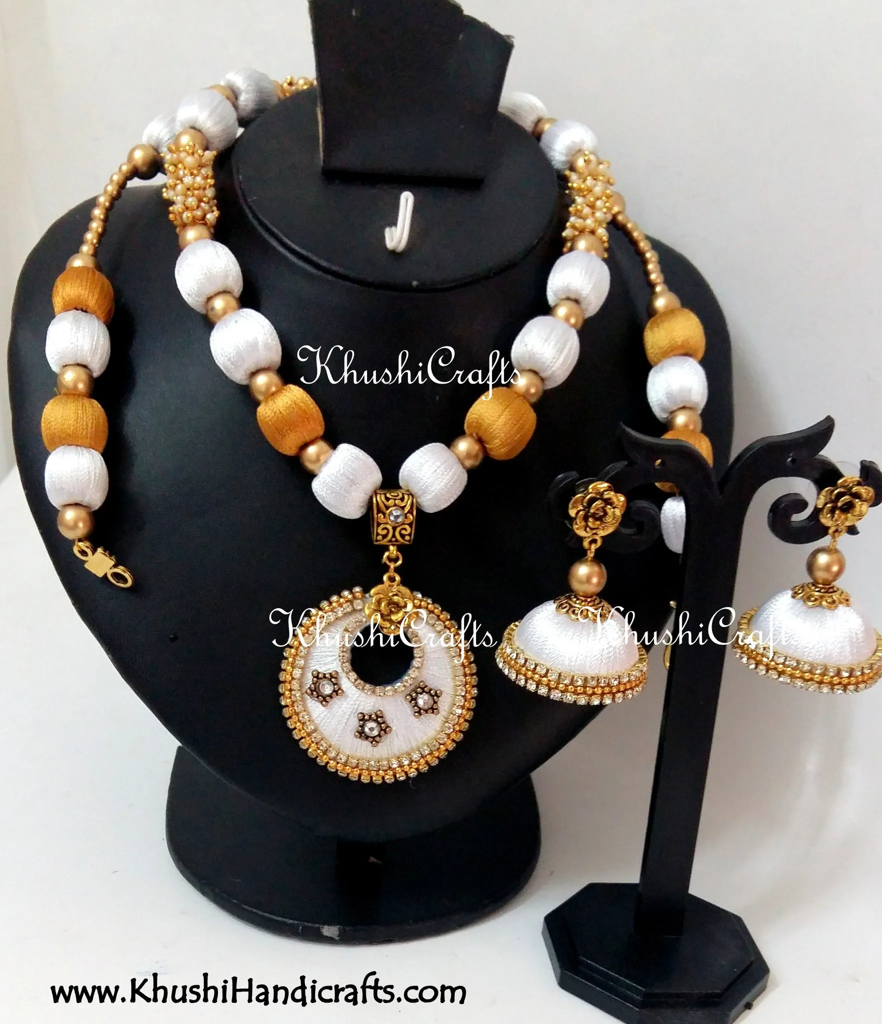 White and Gold Bridal Silk Thread Necklace Set