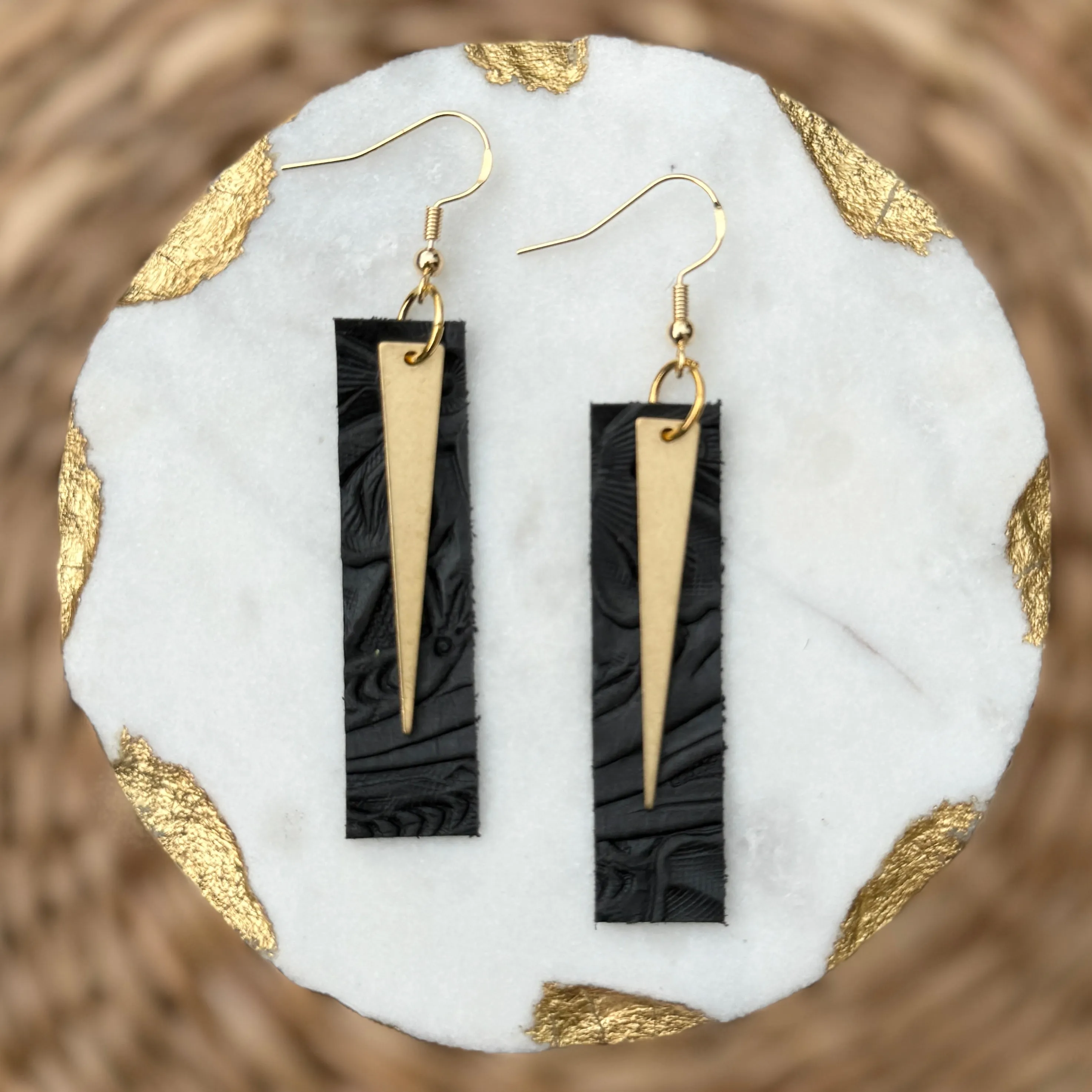 Edgy Spike Bars Black Leather Earrings