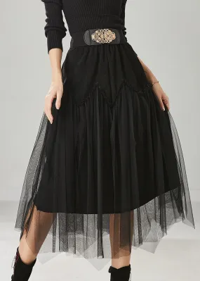 Spring Chic Black Tulle Patchwork Corduroy Skirts with High Waist