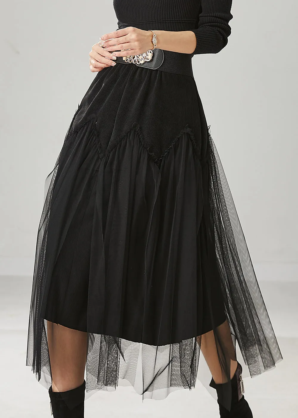 Spring Chic Black Tulle Patchwork Corduroy Skirts with High Waist