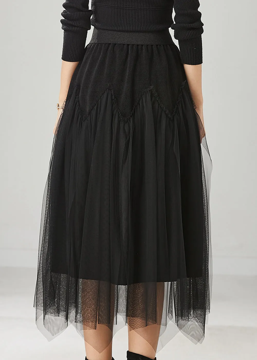 Spring Chic Black Tulle Patchwork Corduroy Skirts with High Waist