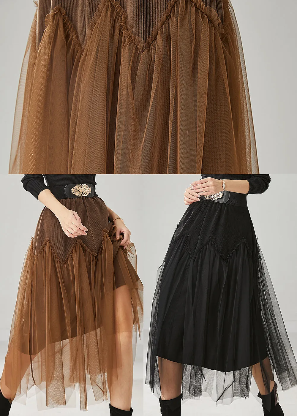 Spring Chic Black Tulle Patchwork Corduroy Skirts with High Waist