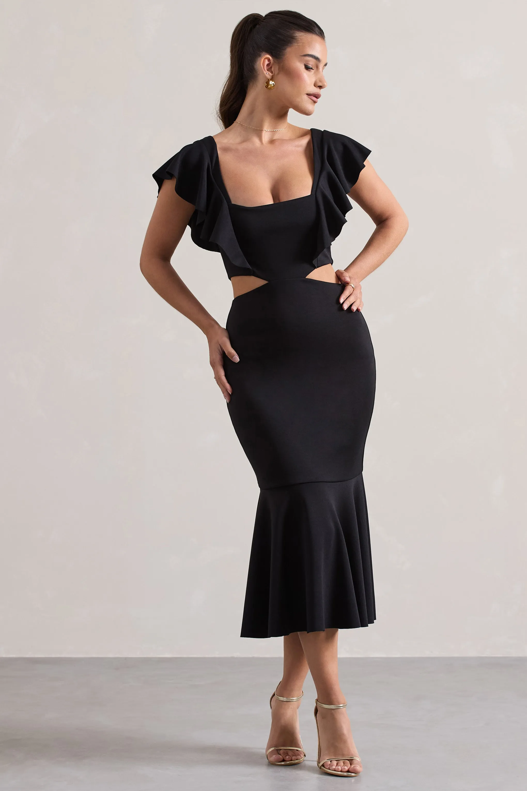 Black Square Neck Cut Out Ruffled Midi Dress