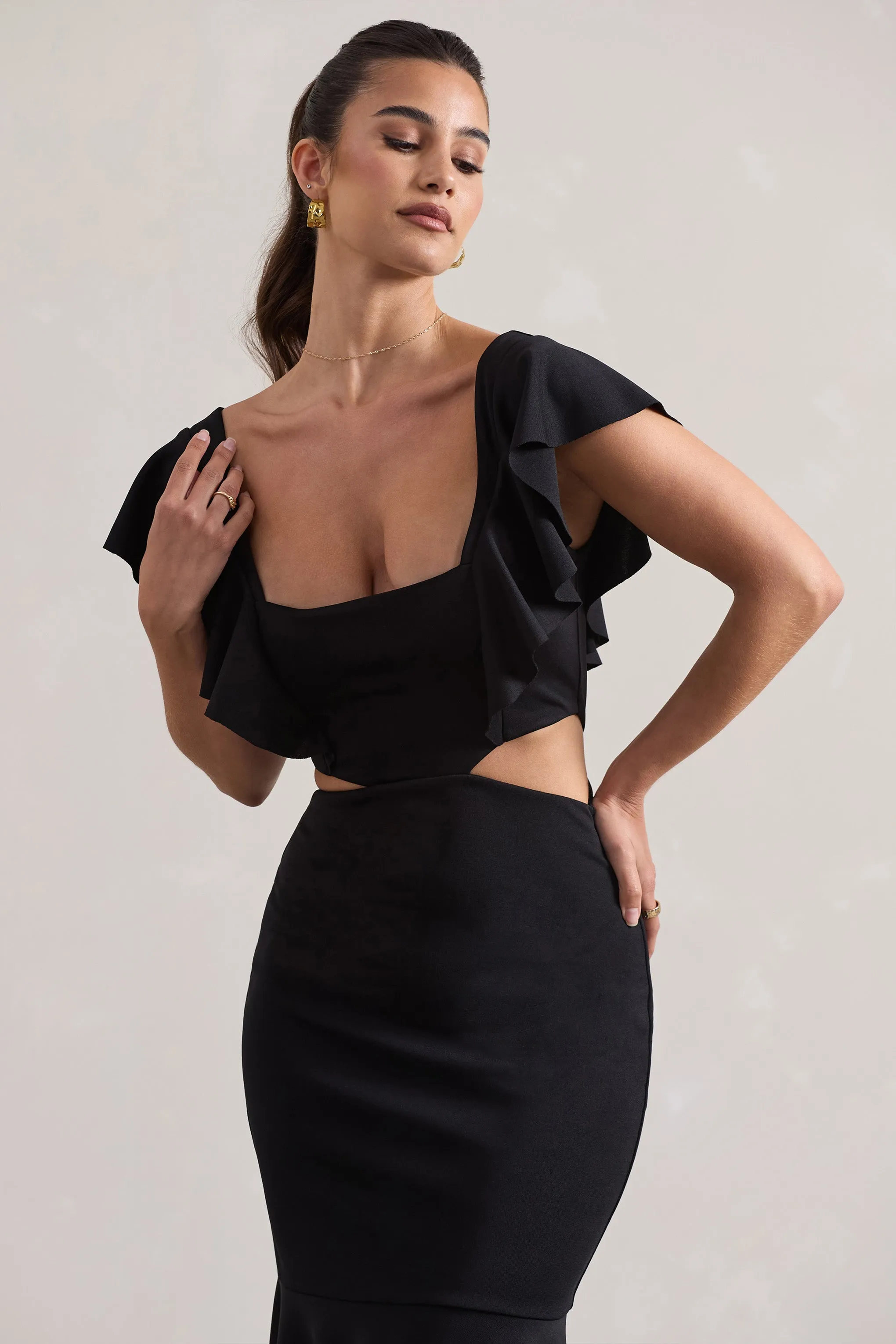 Black Square Neck Cut Out Ruffled Midi Dress