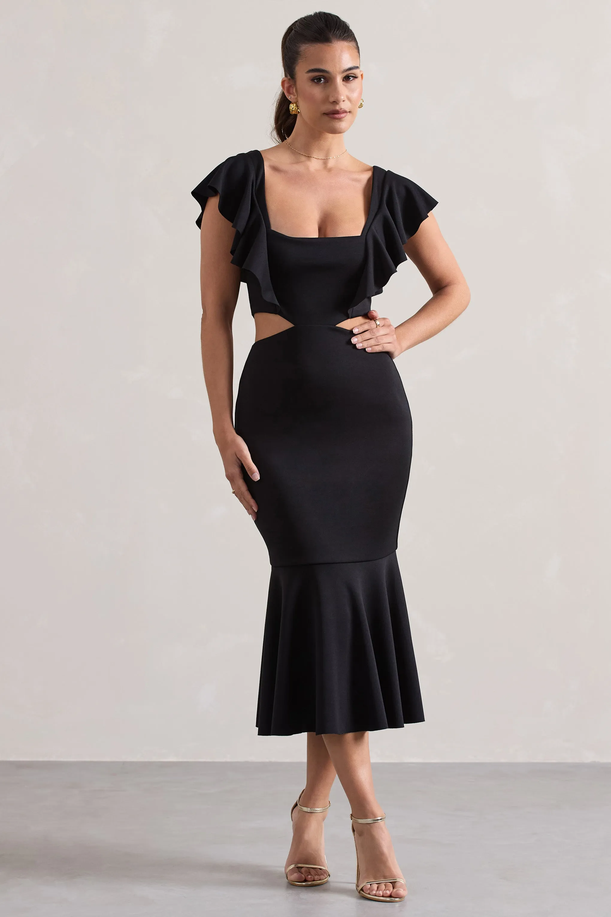 Black Square Neck Cut Out Ruffled Midi Dress