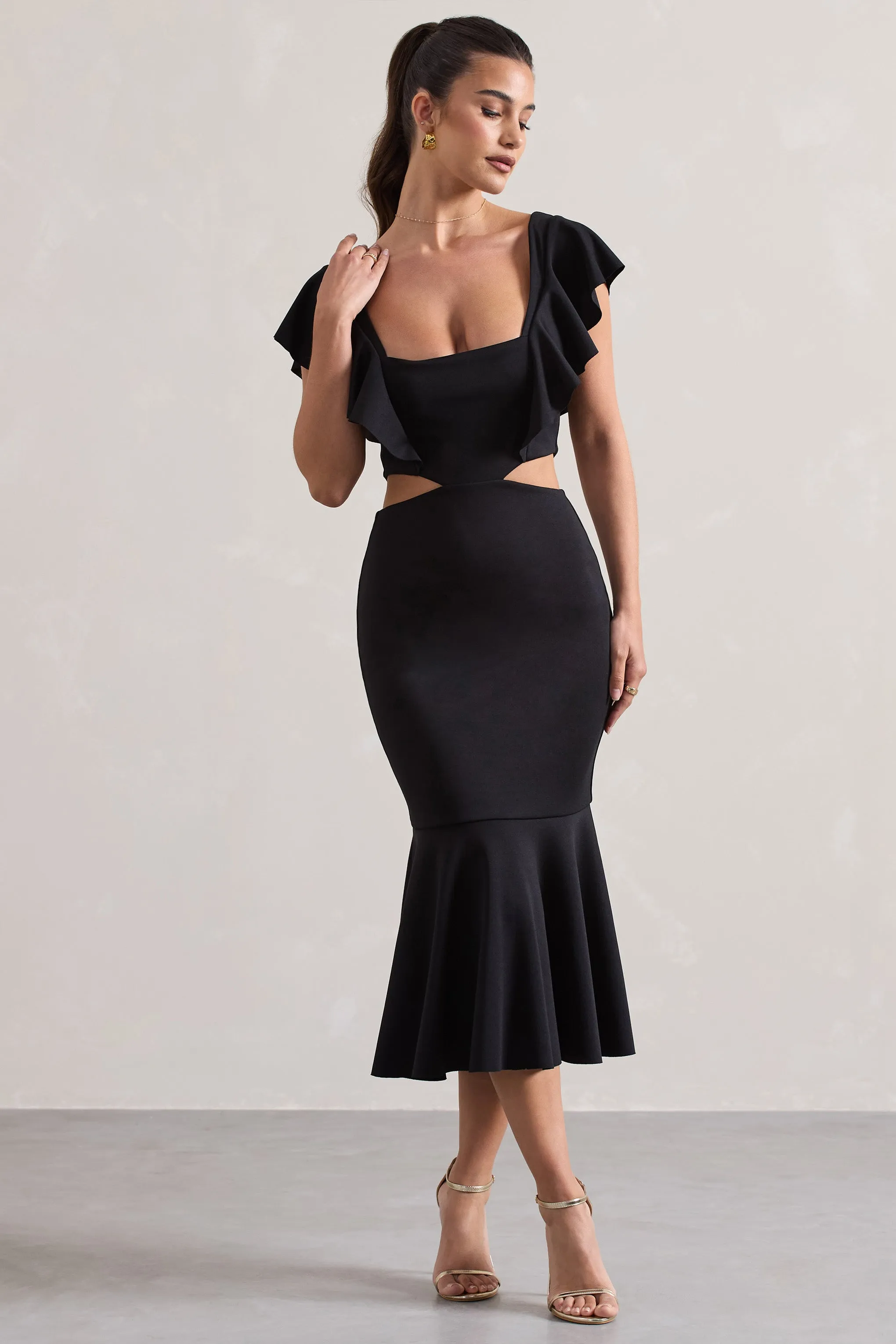 Black Square Neck Cut Out Ruffled Midi Dress