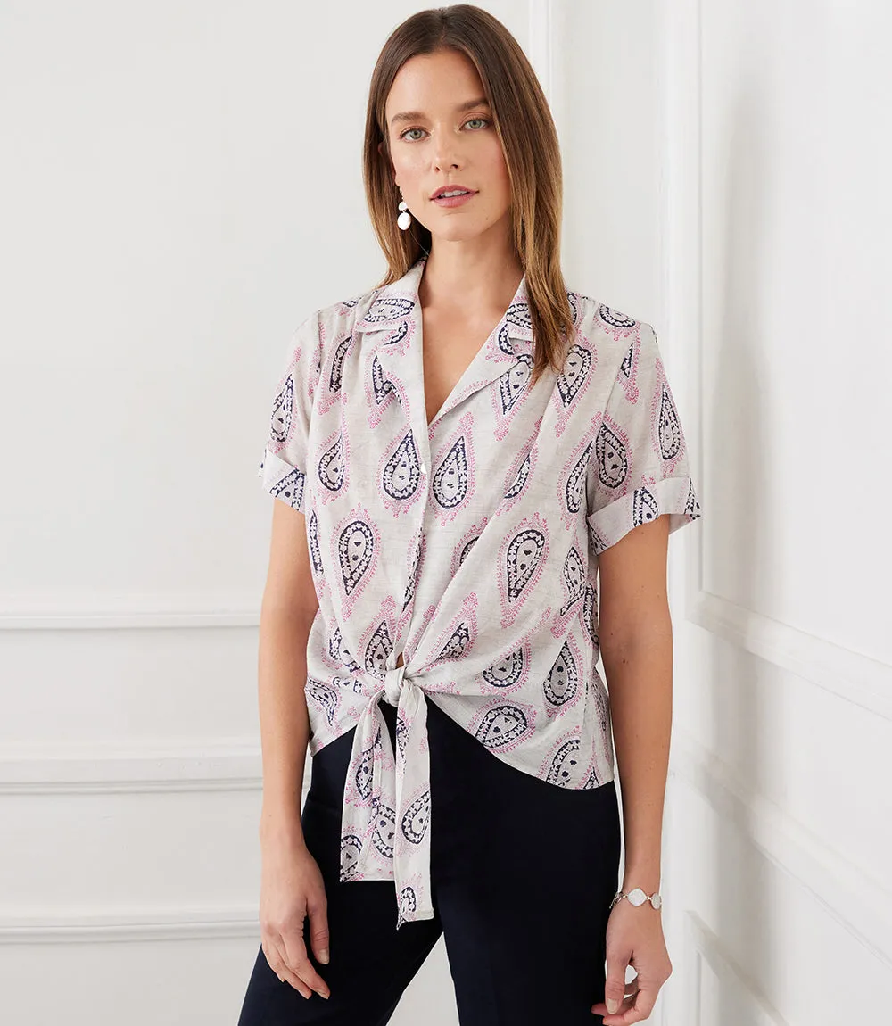 Tie-Front Top with Roll Sleeves