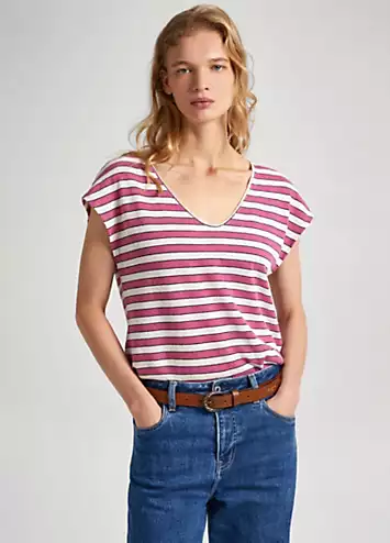Stripe V-Neck Linen T-Shirt by Pepe Jeans | Look Again