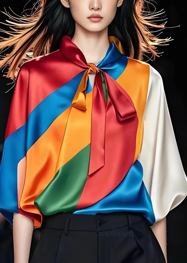 Summer Colorblock Bow Silk Top in Original Design