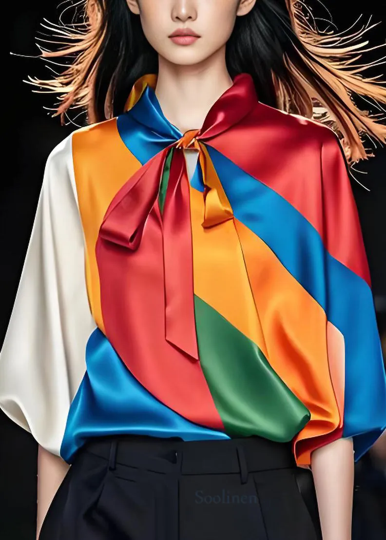 Summer Colorblock Bow Silk Top in Original Design