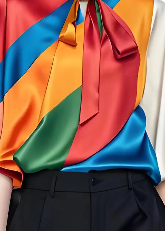 Summer Colorblock Bow Silk Top in Original Design