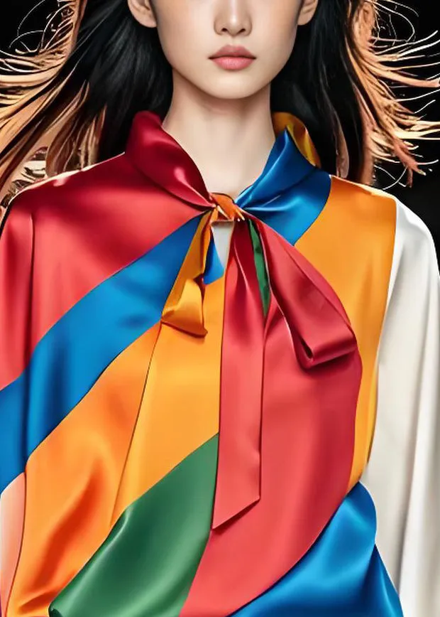 Summer Colorblock Bow Silk Top in Original Design