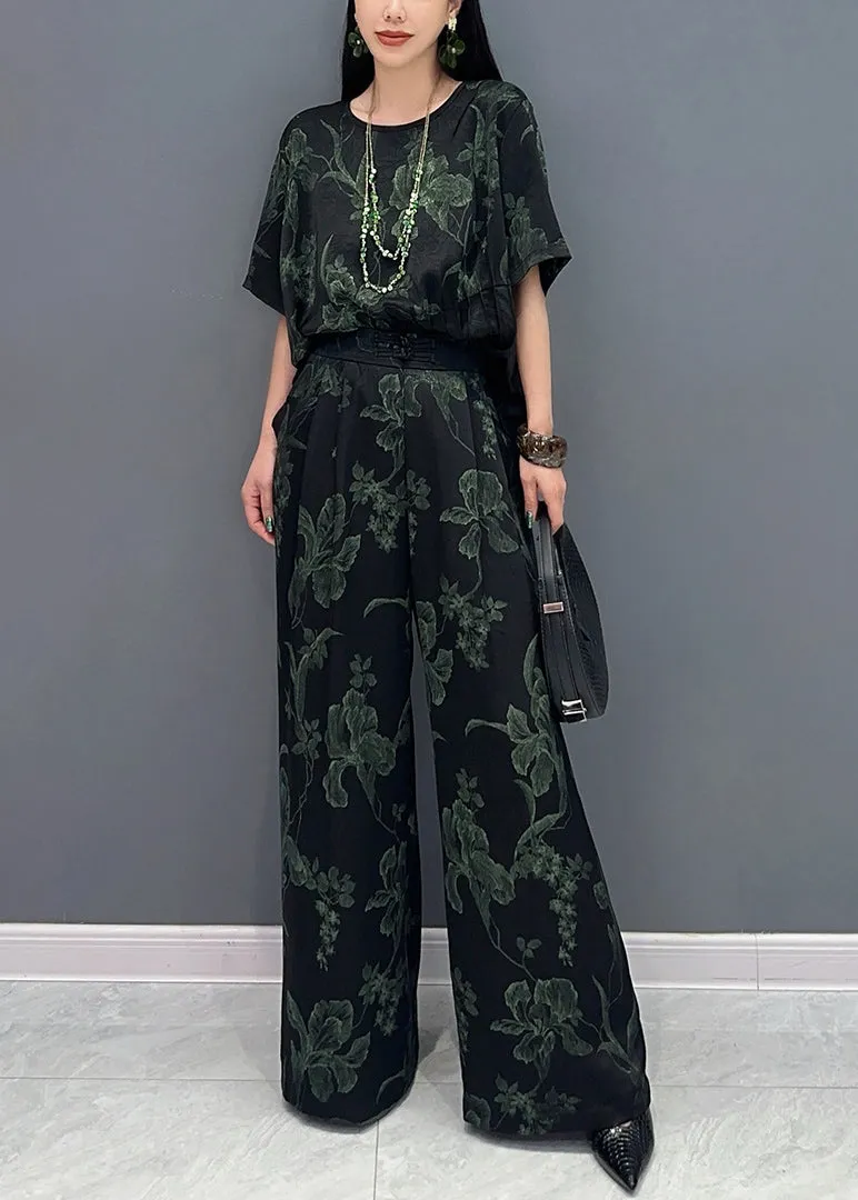 Summer Green Print Silk Tops And Pants Two-Piece Set