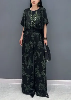 Summer Green Print Silk Tops And Pants Two-Piece Set