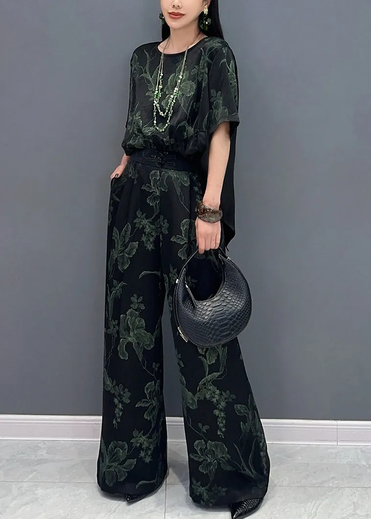 Summer Green Print Silk Tops And Pants Two-Piece Set