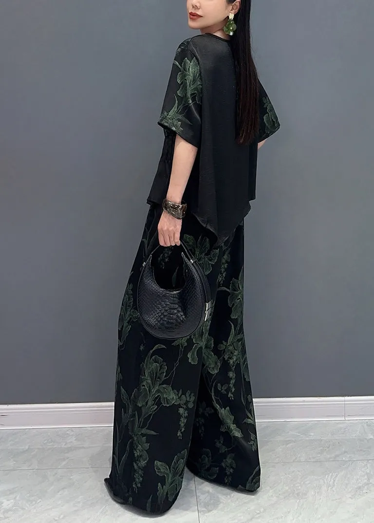 Summer Green Print Silk Tops And Pants Two-Piece Set