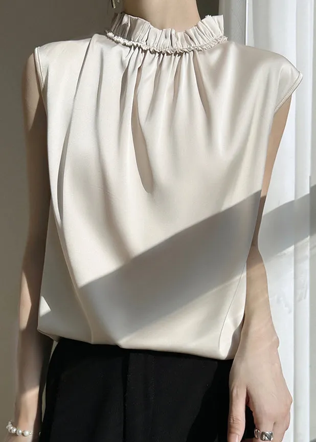 Summer Ruffled Solid Champagne Silk Tops