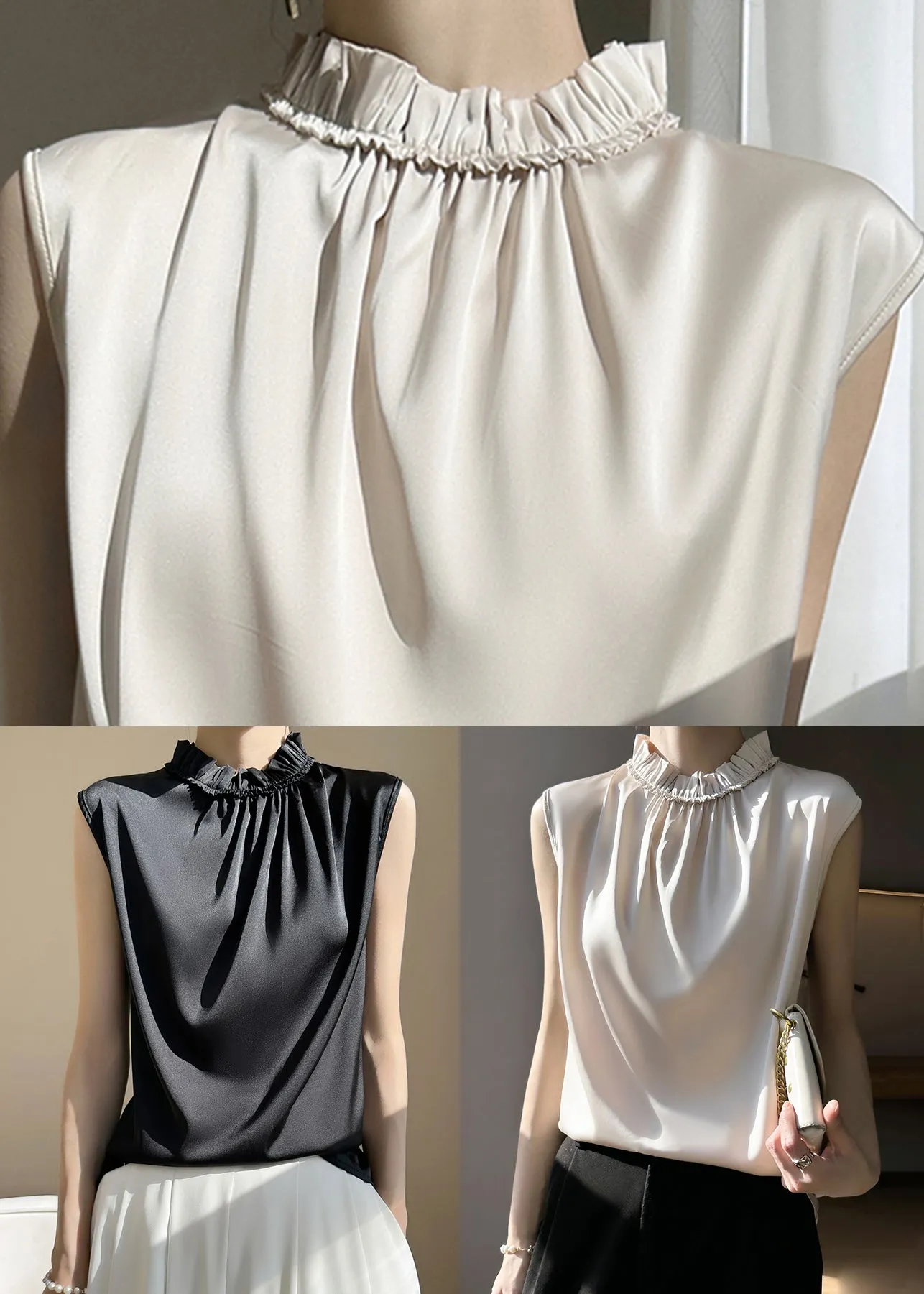 Summer Ruffled Solid Champagne Silk Tops