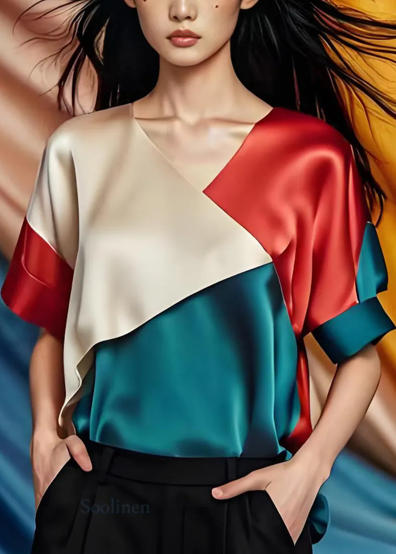 Summer V Neck Patchwork Silk Tops - Simple Colorblock