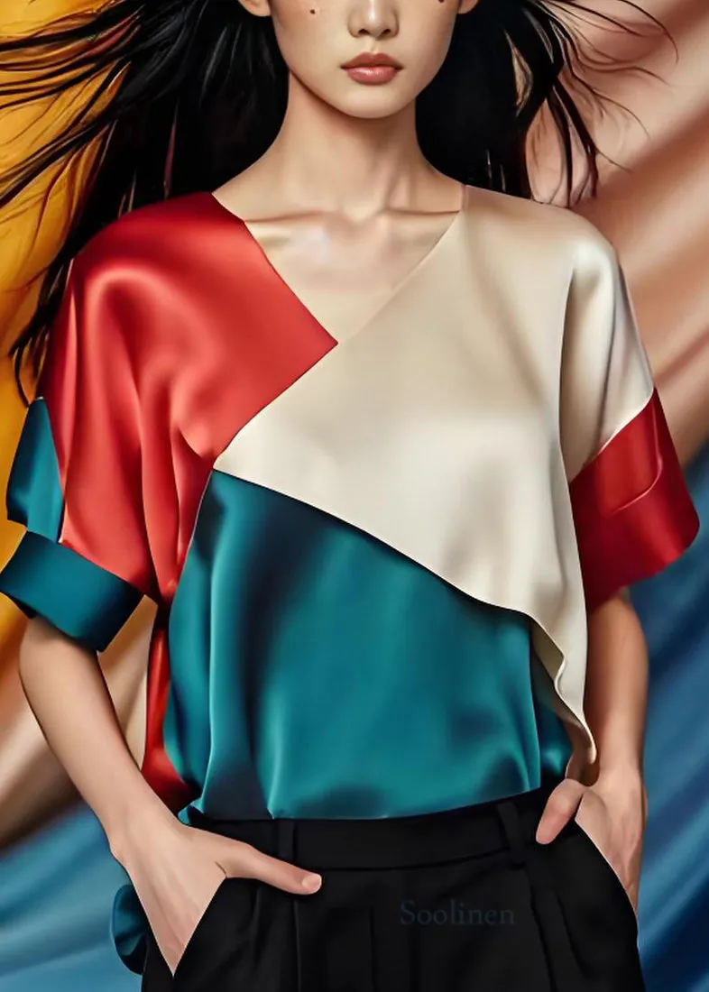 Summer V Neck Patchwork Silk Tops - Simple Colorblock