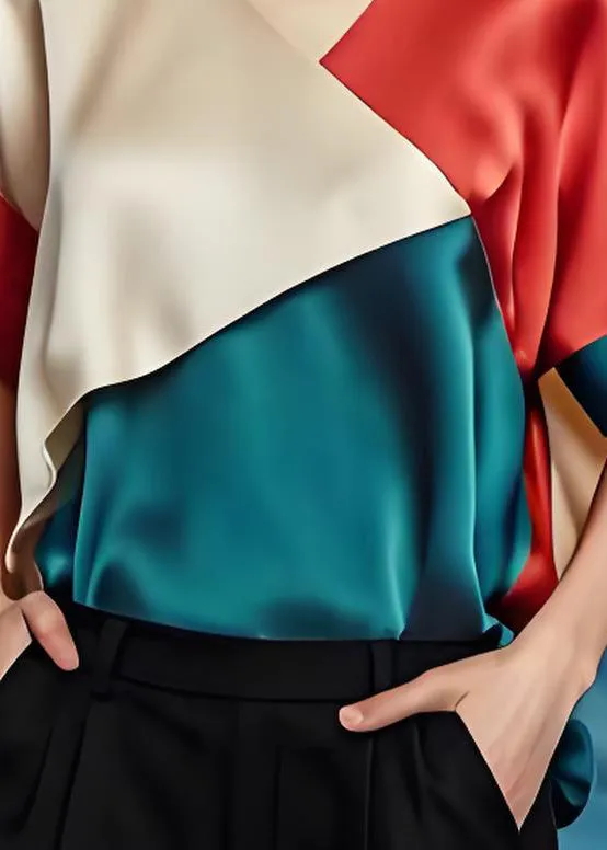 Summer V Neck Patchwork Silk Tops - Simple Colorblock