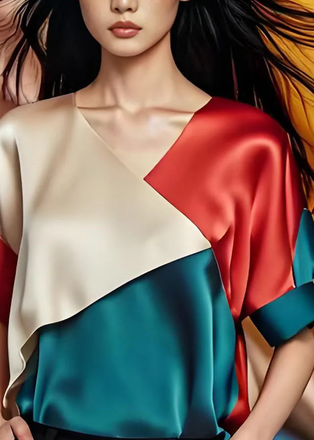 Summer V Neck Patchwork Silk Tops - Simple Colorblock