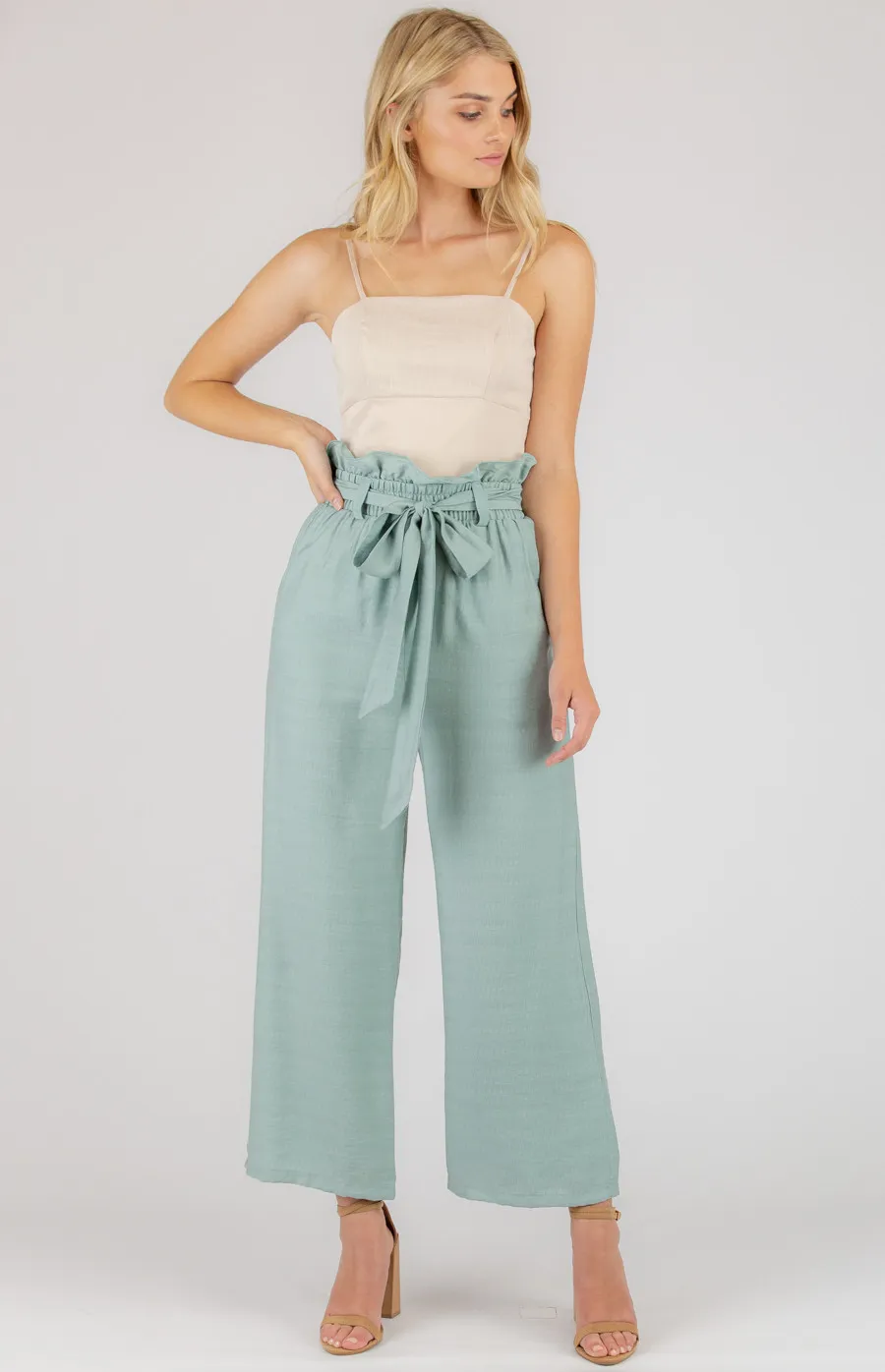 Textured Paper Bag Waist Cropped Pants with Belt (SPA350B)