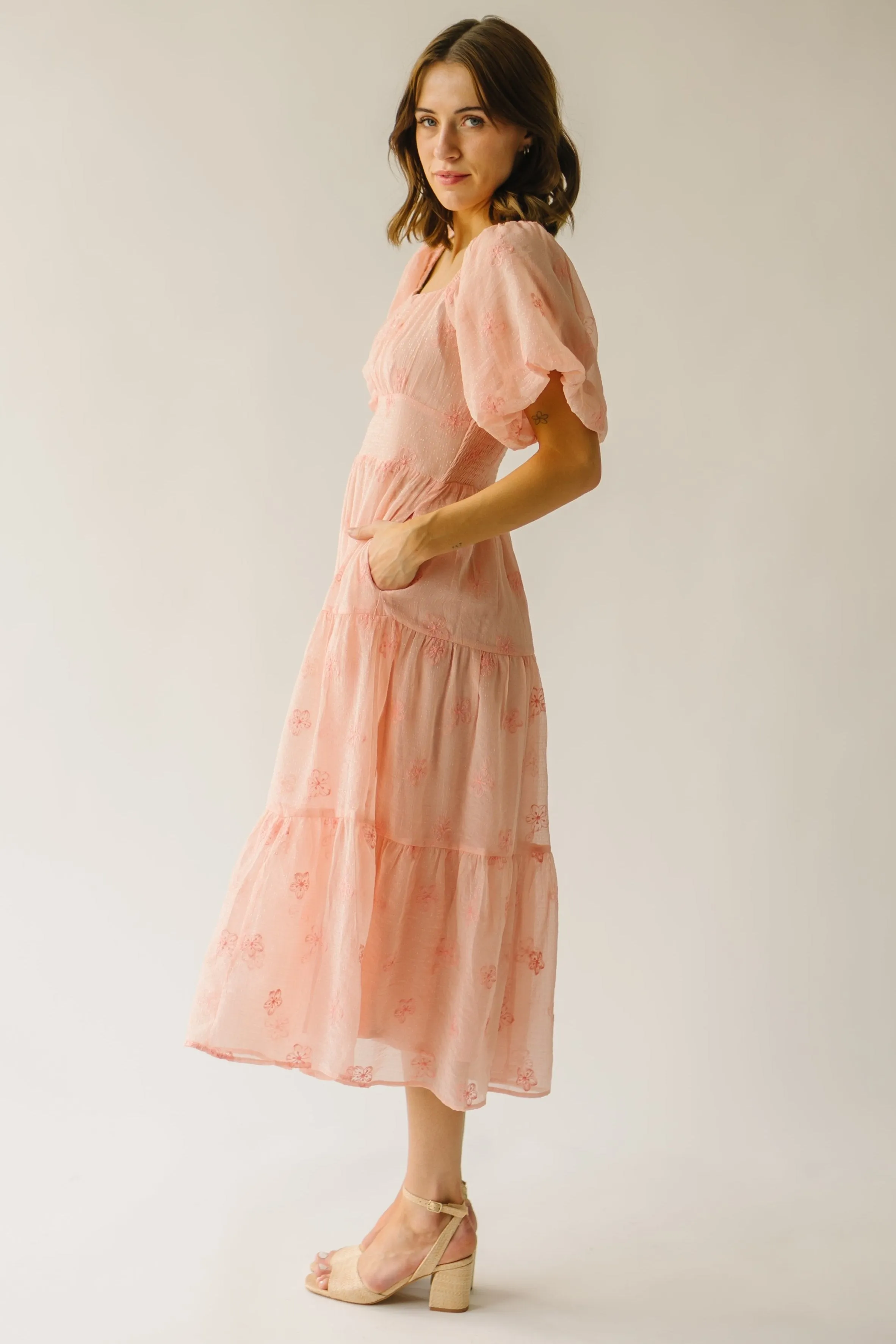 Apricot Ardel Midi Dress Embroidered with Puff Sleeves